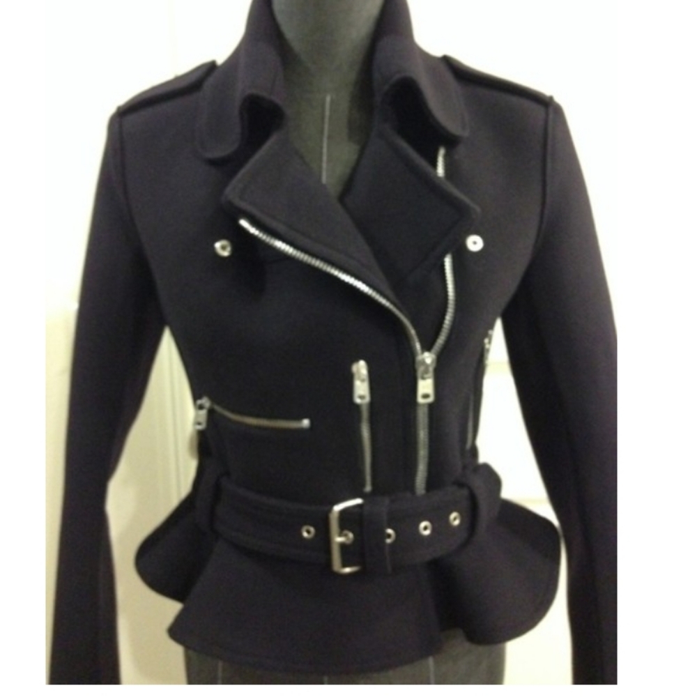 ALEXANDER MCQUEEN NWT MCQ NAVY WOOL STRUCTURED PEPLUM MOTO LINED PEA COAT …